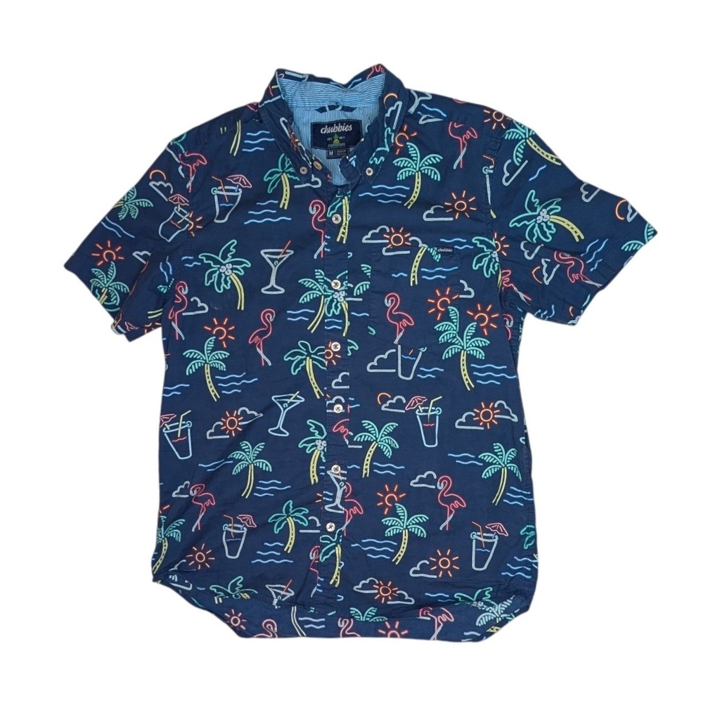 Chubbies Shirt Mens‎ Medium Blue Neon Tropical Flamingo Short Sleeve Button Down